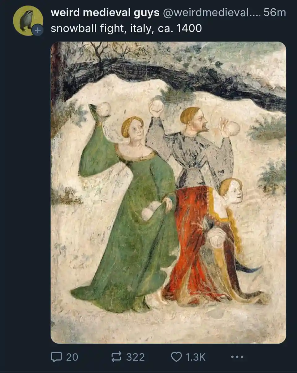 A medieval-style painting depicts three elegantly dressed people in a snowy landscape, each holding or throwing snowballs…