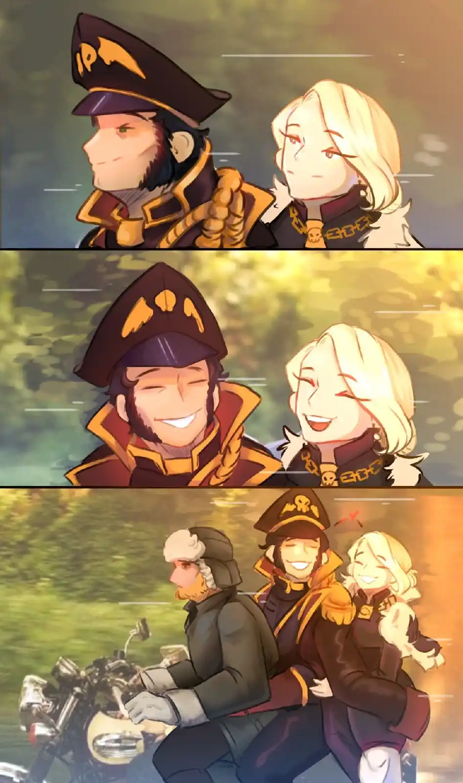 Three panels show two anime-style characters, a bearded man in a pirate hat and a blonde woman, starting with a serious…