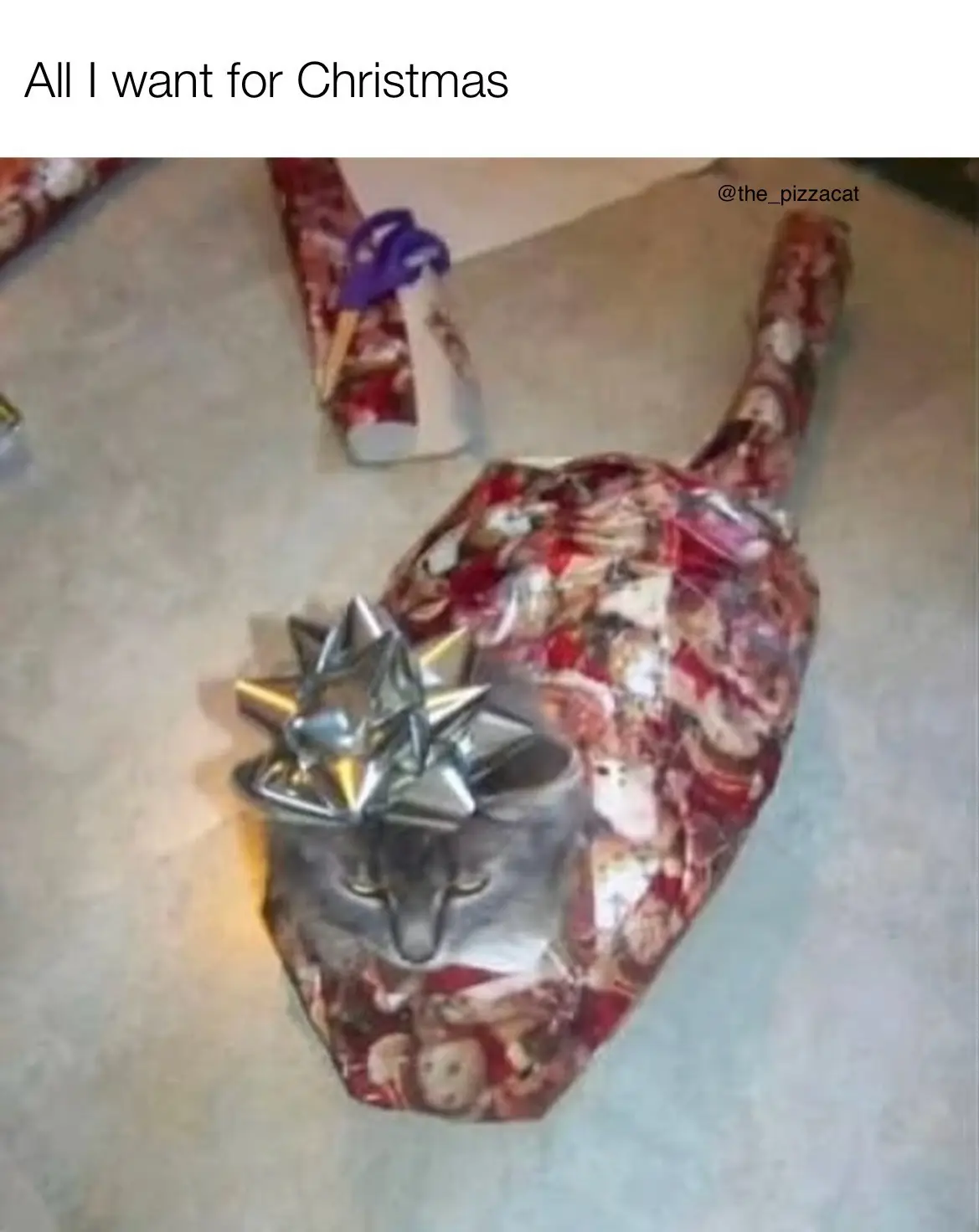 A close-up photo shows a large, oddly shaped object wrapped in red and white Christmas-themed paper with a shiny silver bow…