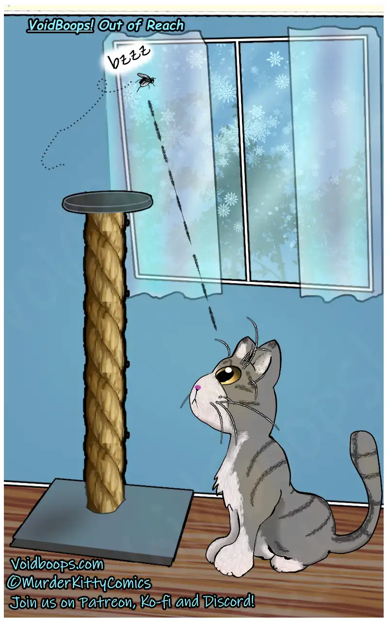 A cartoon gray tabby cat sits on a wooden floor, staring intently upward at a fly buzzing near a window with snowflake…