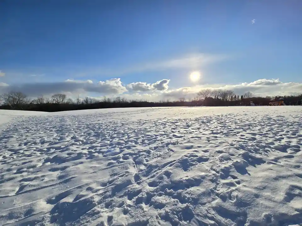 A wide, sunlit snowy field with footprints and tracks, under a blue sky with scattered clouds and a bright sun. Bare trees…