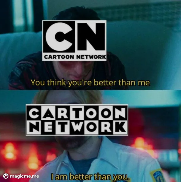 The image is a two-panel meme. The top panel shows a man looking down with the Cartoon Network logo superimposed over his…