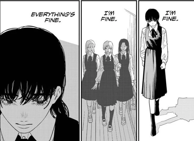 A black-and-white manga panel split into three frames showing a girl progressively saying 'everything's fine,' then 'i'm…