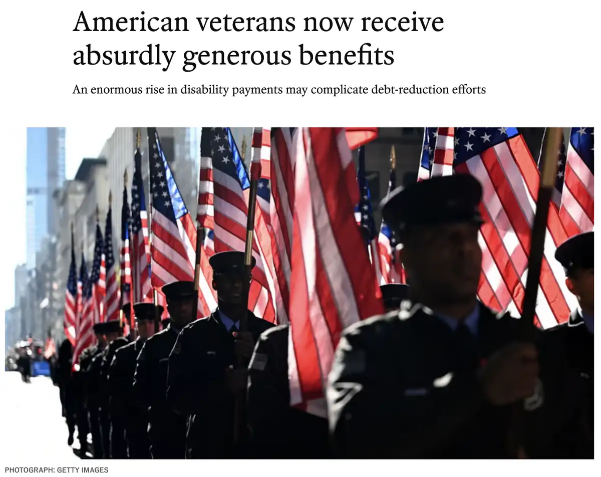 A photo shows a line of uniformed American veterans marching in formation, each holding an American flag. The image is…