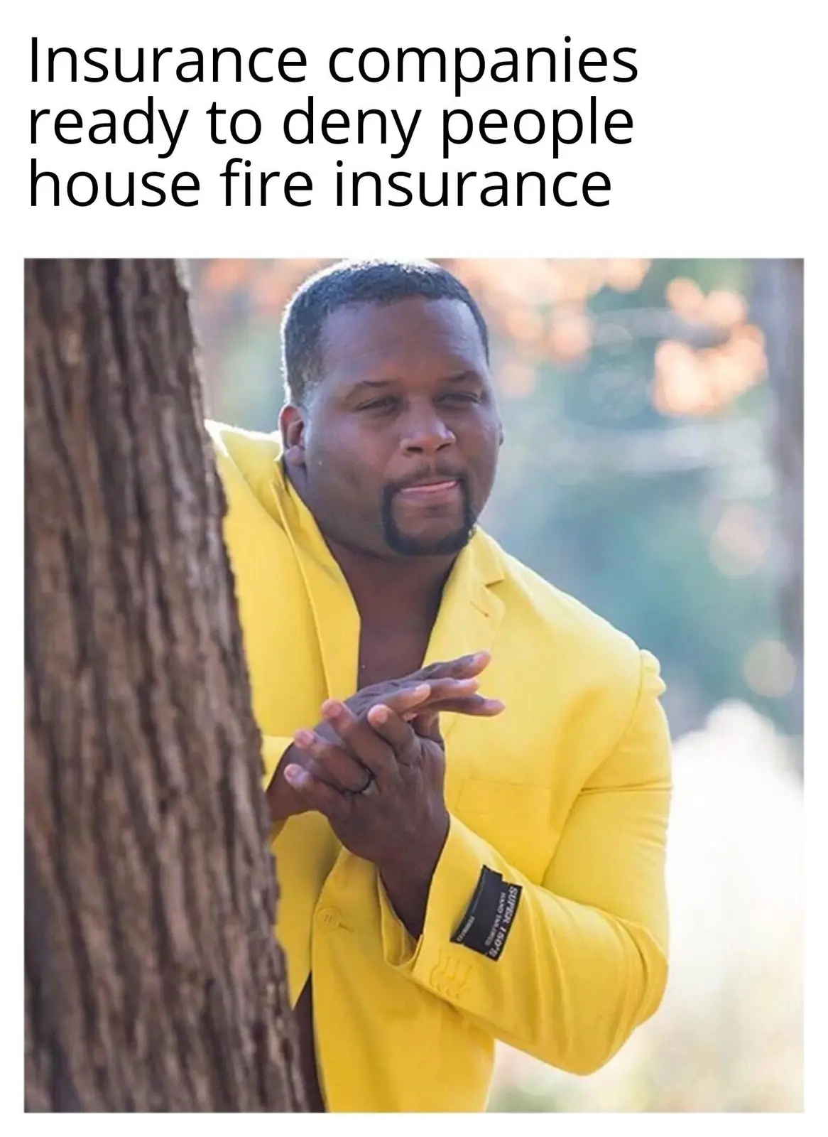 A man in a bright yellow suit peeks out from behind a tree trunk with a smug, self-satisfied expression, his hands clasped…