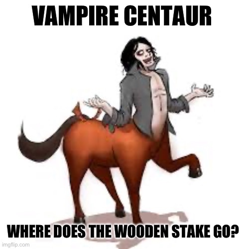 A cartoonish, undead-looking centaur with a human upper body and horse lower body, wearing an open grey jacket, stands with…