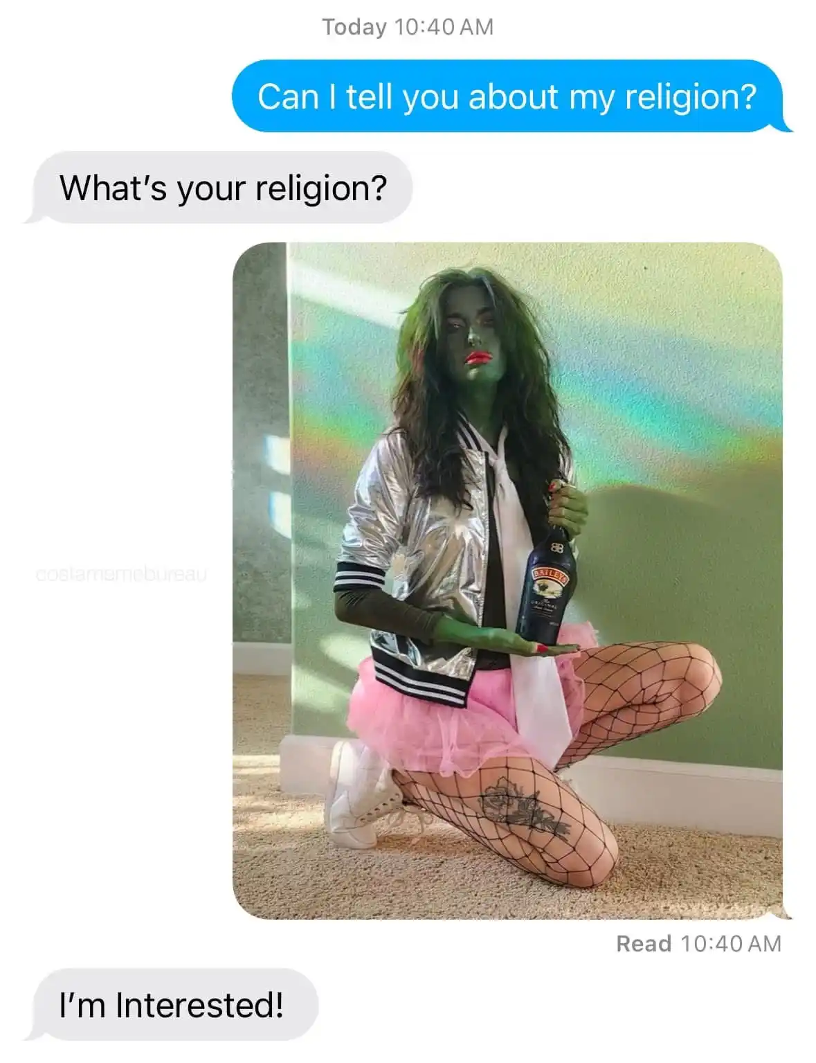 A screenshot of a text conversation shows a person asking 'Can I tell you about my religion?' and the other person replying…