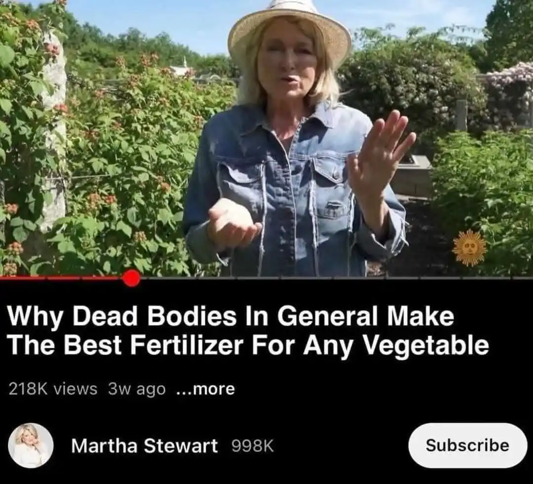 A screenshot of a YouTube video thumbnail featuring Martha Stewart in a garden wearing a straw hat and denim jacket…