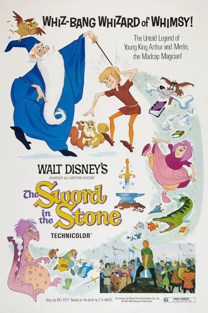 This is a vintage Walt Disney movie poster for 'The Sword in the Stone,' featuring cartoon characters including Merlin the…