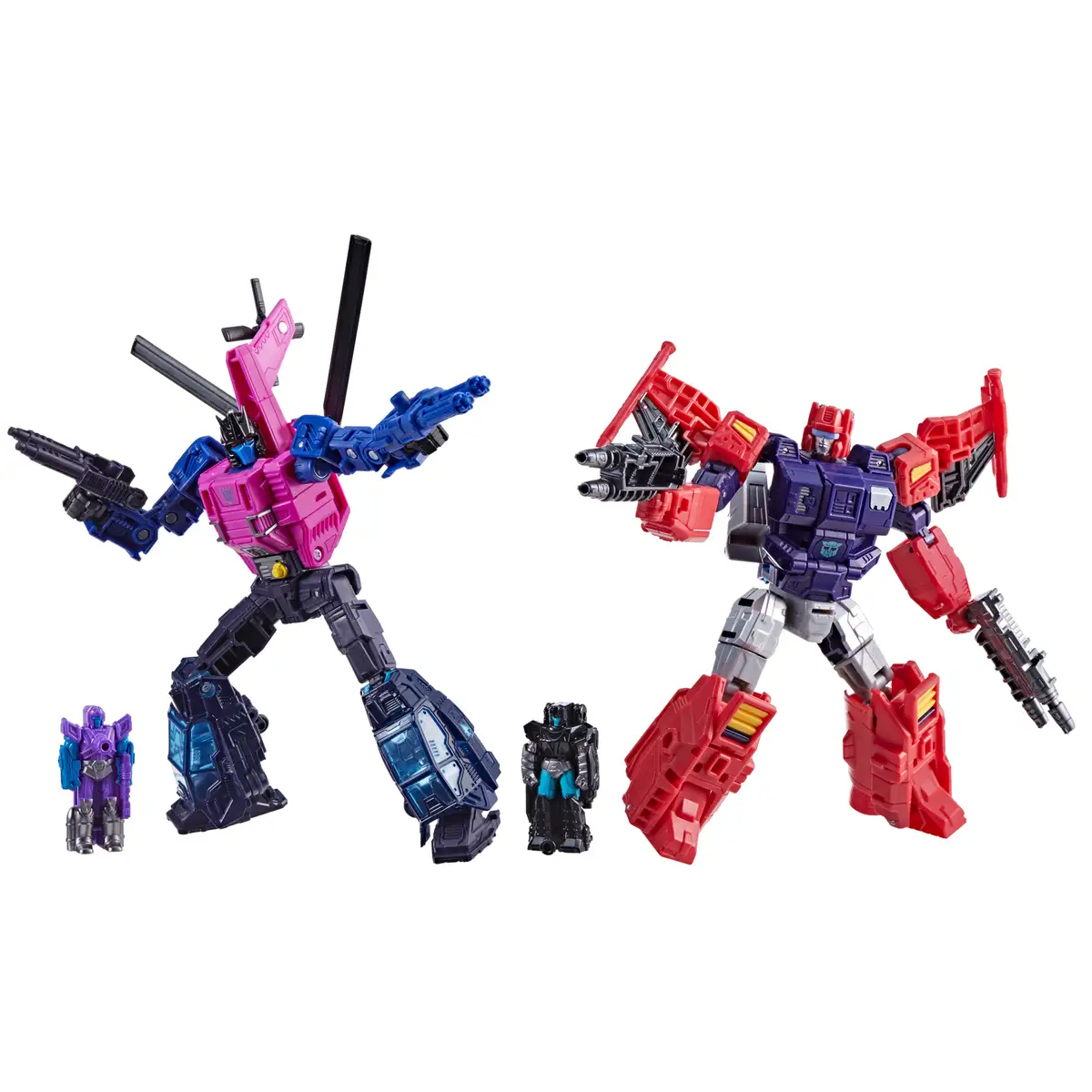 Two large, armed Transformers action figures stand side by side against a black background, each accompanied by a small…