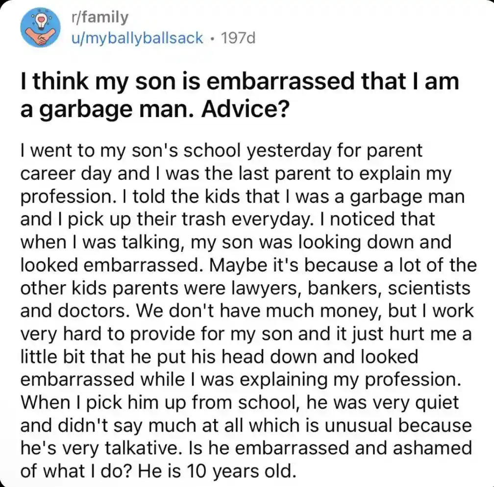 A Reddit post from r/family where user u/myballyballsack shares their concern that their 10-year-old son is embarrassed by…
