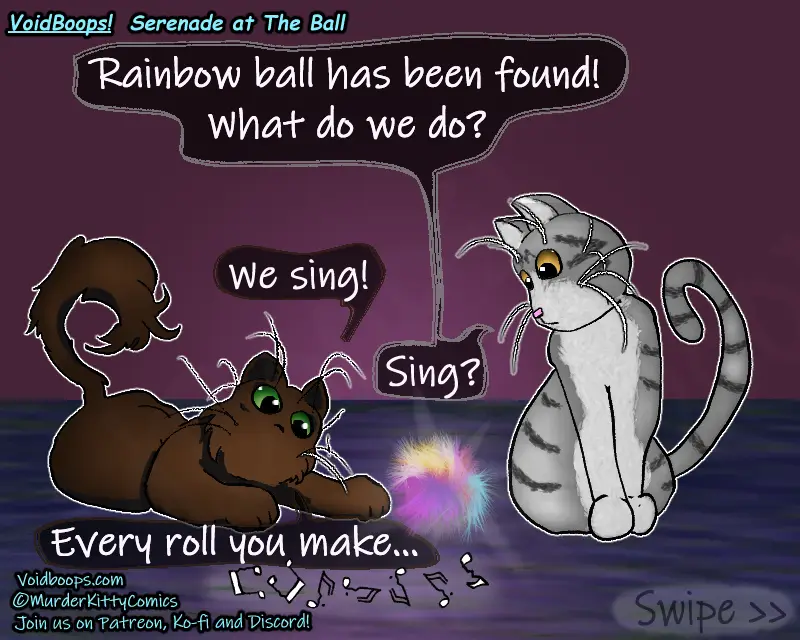 Two cartoon cats, one brown and one gray tabby, are reacting to a rainbow-colored ball on the floor. The brown cat…