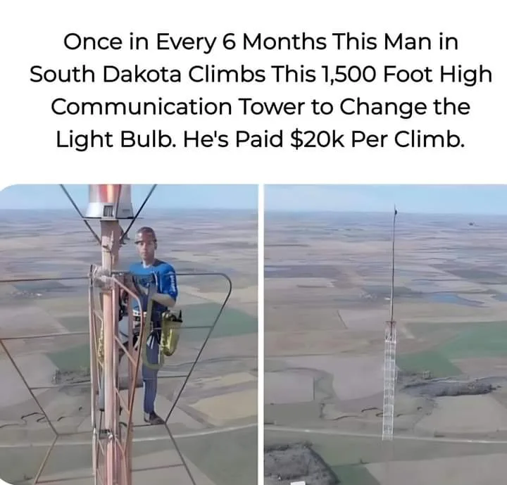 The image shows two photos: one of a man in a blue shirt and safety gear standing on a metal platform high up on a tall…