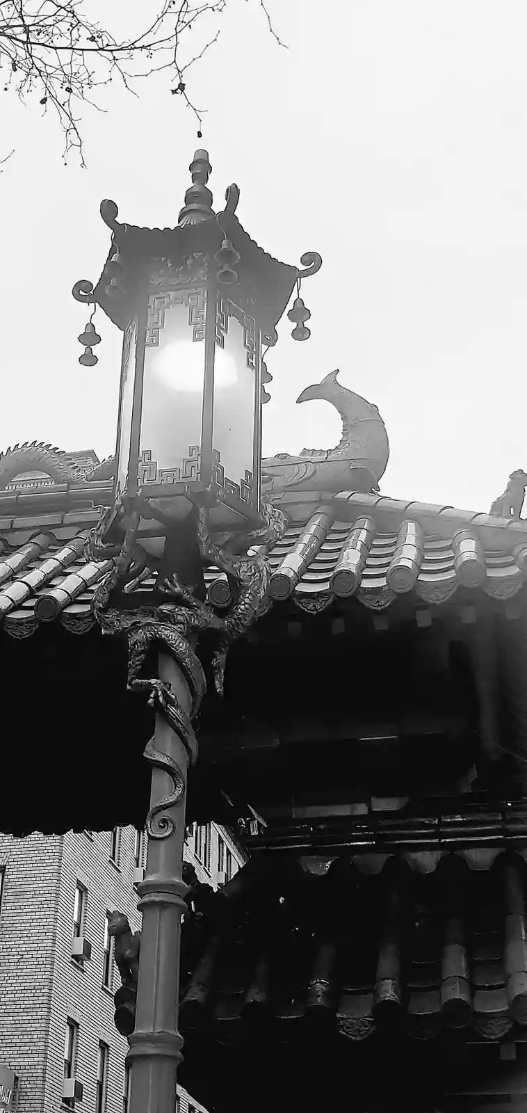 A black-and-white photo shows an ornate, traditional Chinese-style lantern mounted on a pole with a dragon sculpture wrapped…