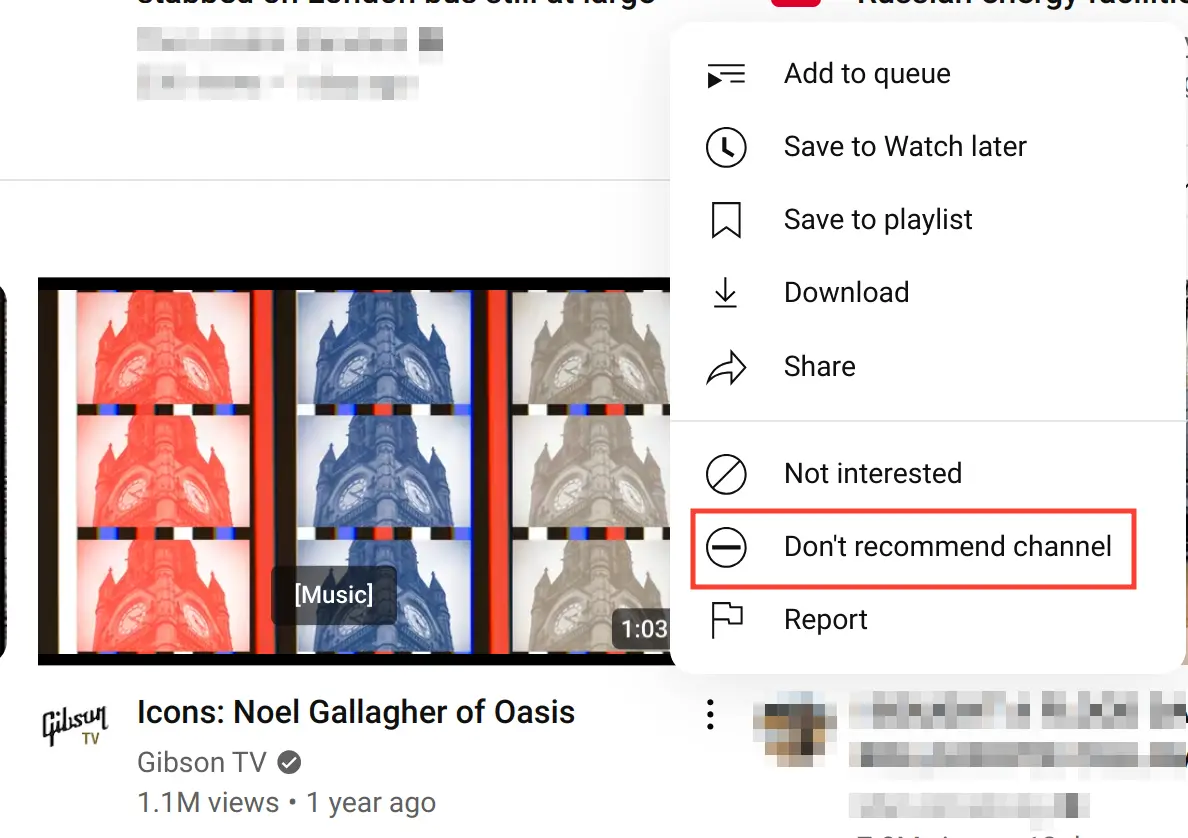 A YouTube video player interface shows a dropdown menu with various options, including 'Don't recommend channel' which is…