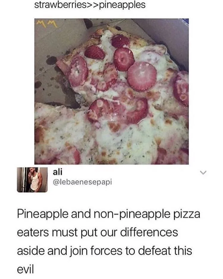 A close-up photo of a pizza slice topped with melted cheese and sliced strawberries, with the overlaid text…