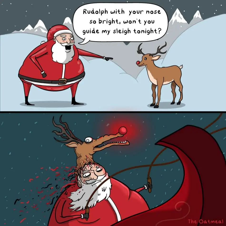 The top panel shows Santa Claus pointing at Rudolph the reindeer and asking him to guide his sleigh with his bright red…