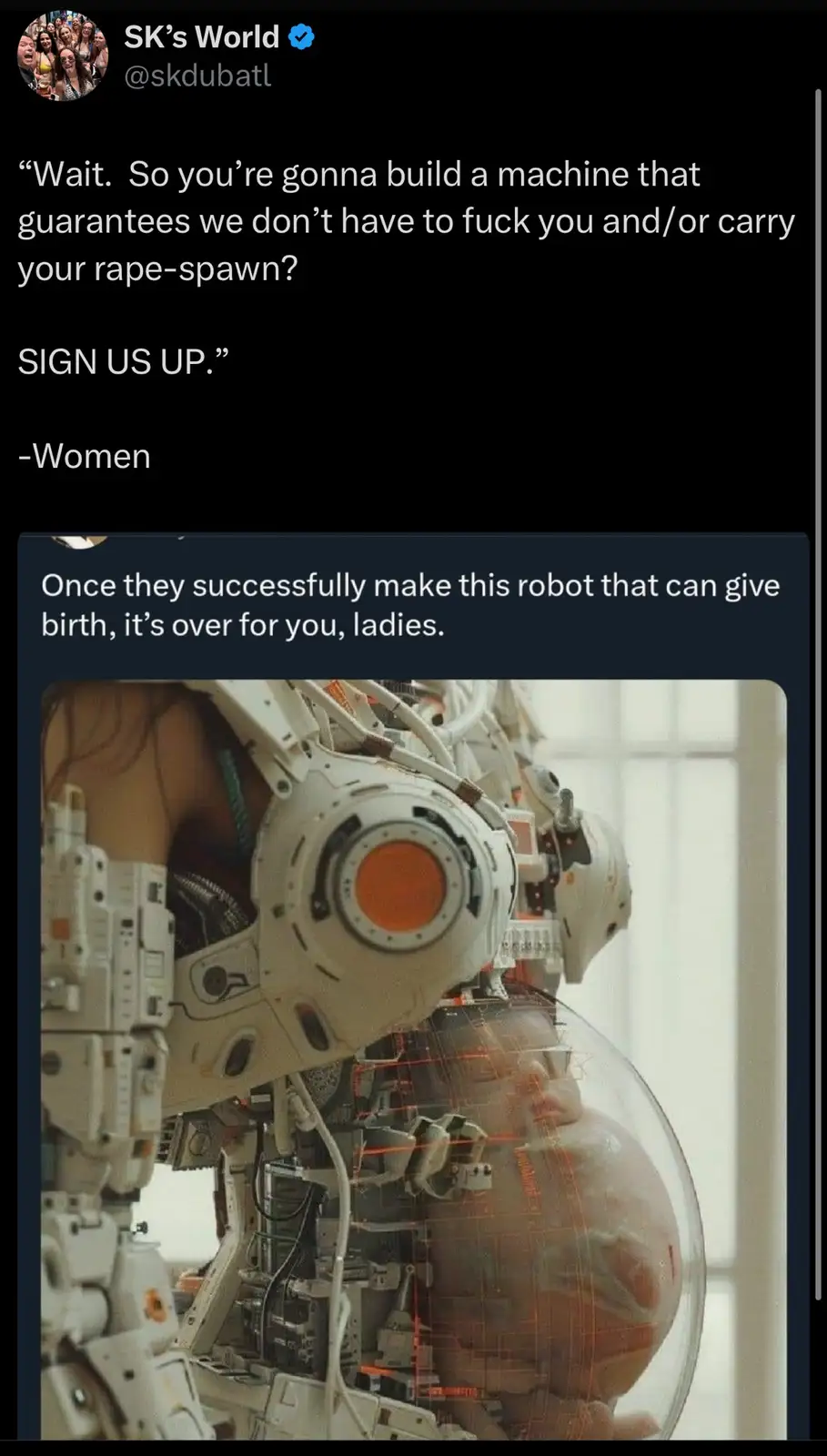 The image shows a close-up of a white, mechanical robot with exposed wiring and an orange lens, holding a transparent sphere…