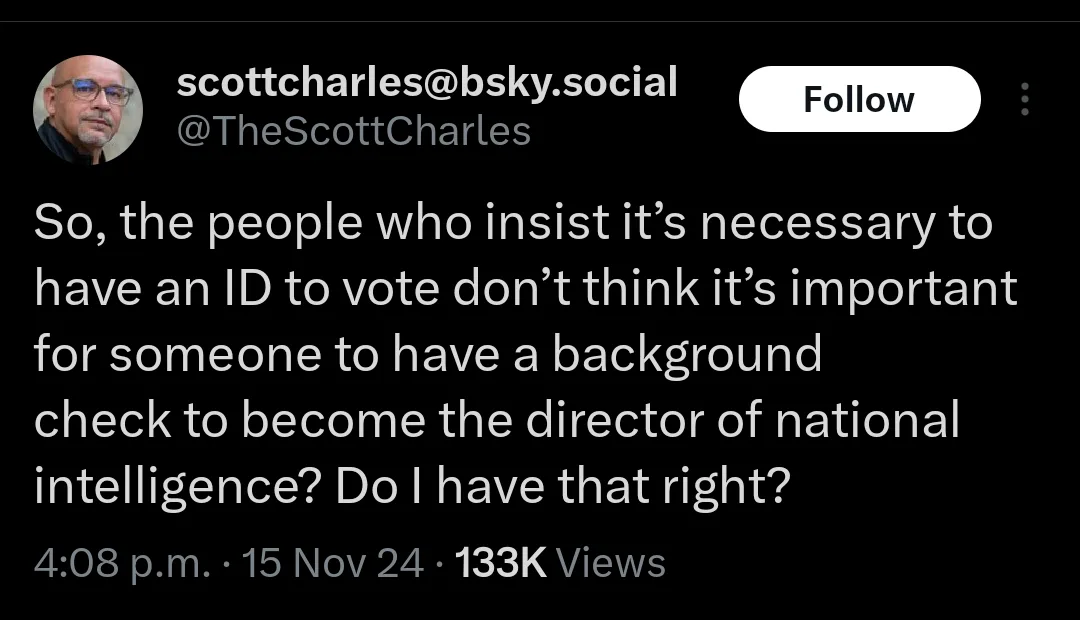 A screenshot of a social media post by 'scottcharles@bsky.social' with white text on a black background. The post reads…