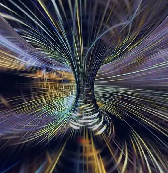An abstract digital image depicts a swirling vortex of colorful, blurred light streaks converging toward a central point…