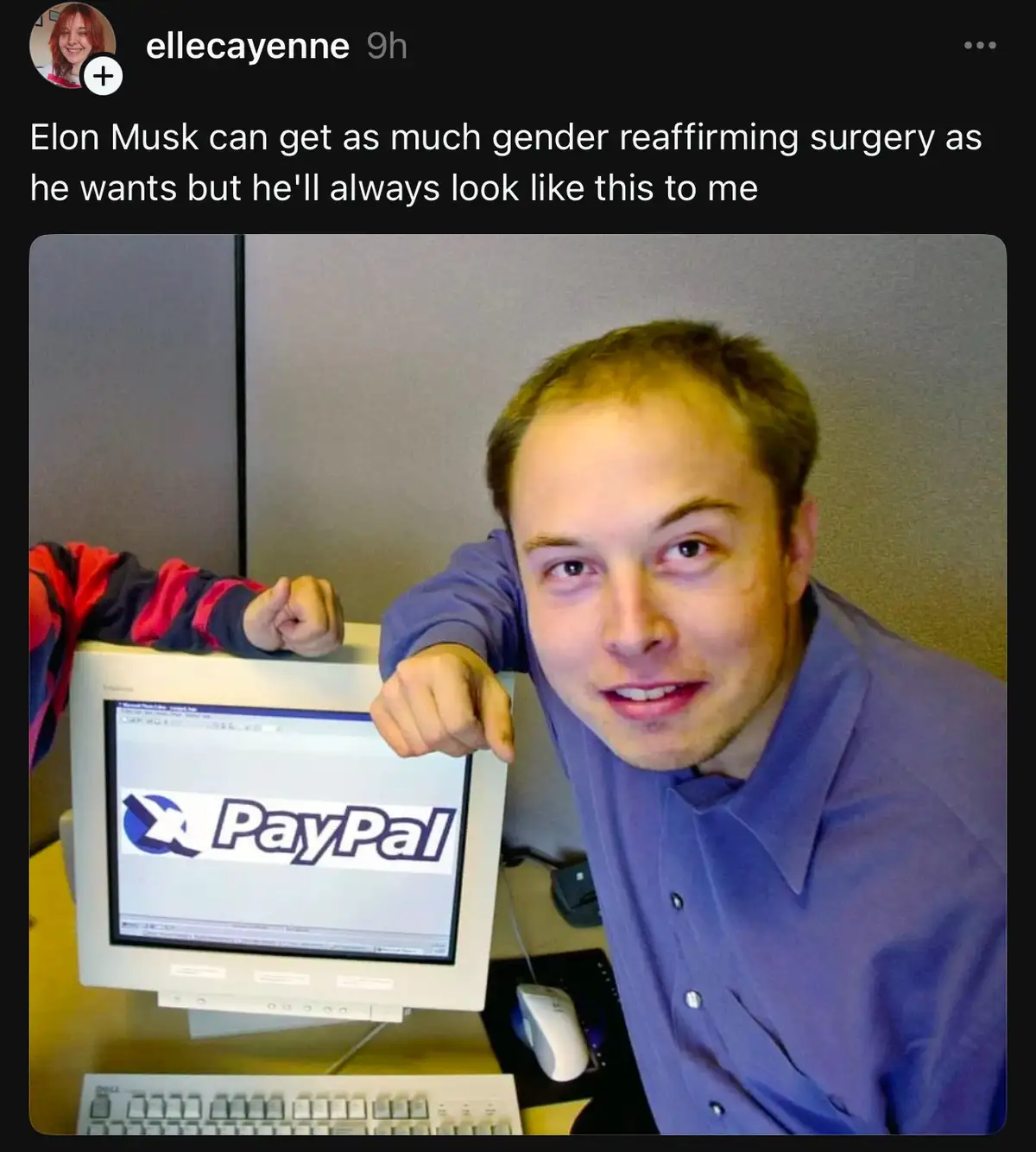 A young Elon Musk in a purple shirt leans over an old beige computer monitor displaying the PayPal logo, smiling at the…
