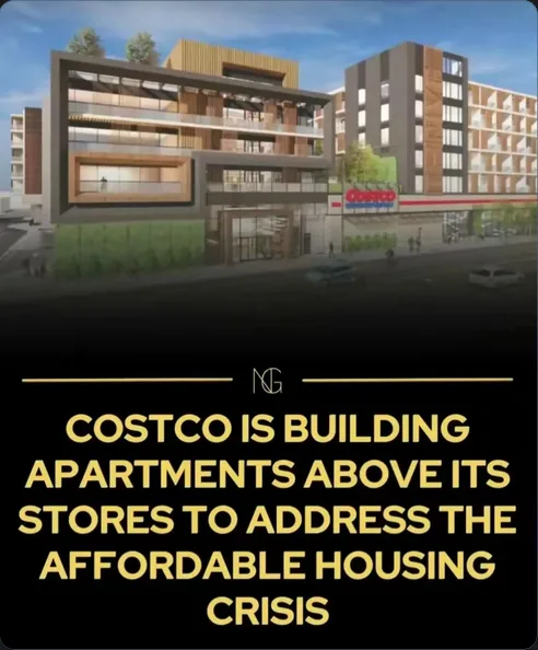 An architectural rendering shows a modern multi-story apartment building directly above a Costco store, with the store's red…
