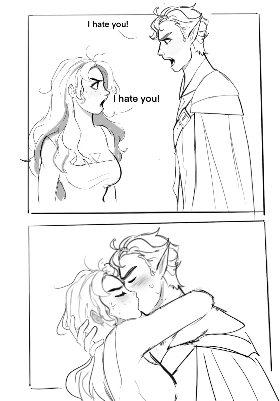 A two-panel black-and-white comic shows two characters yelling 'I hate you!' at each other in the first panel, then kissing…