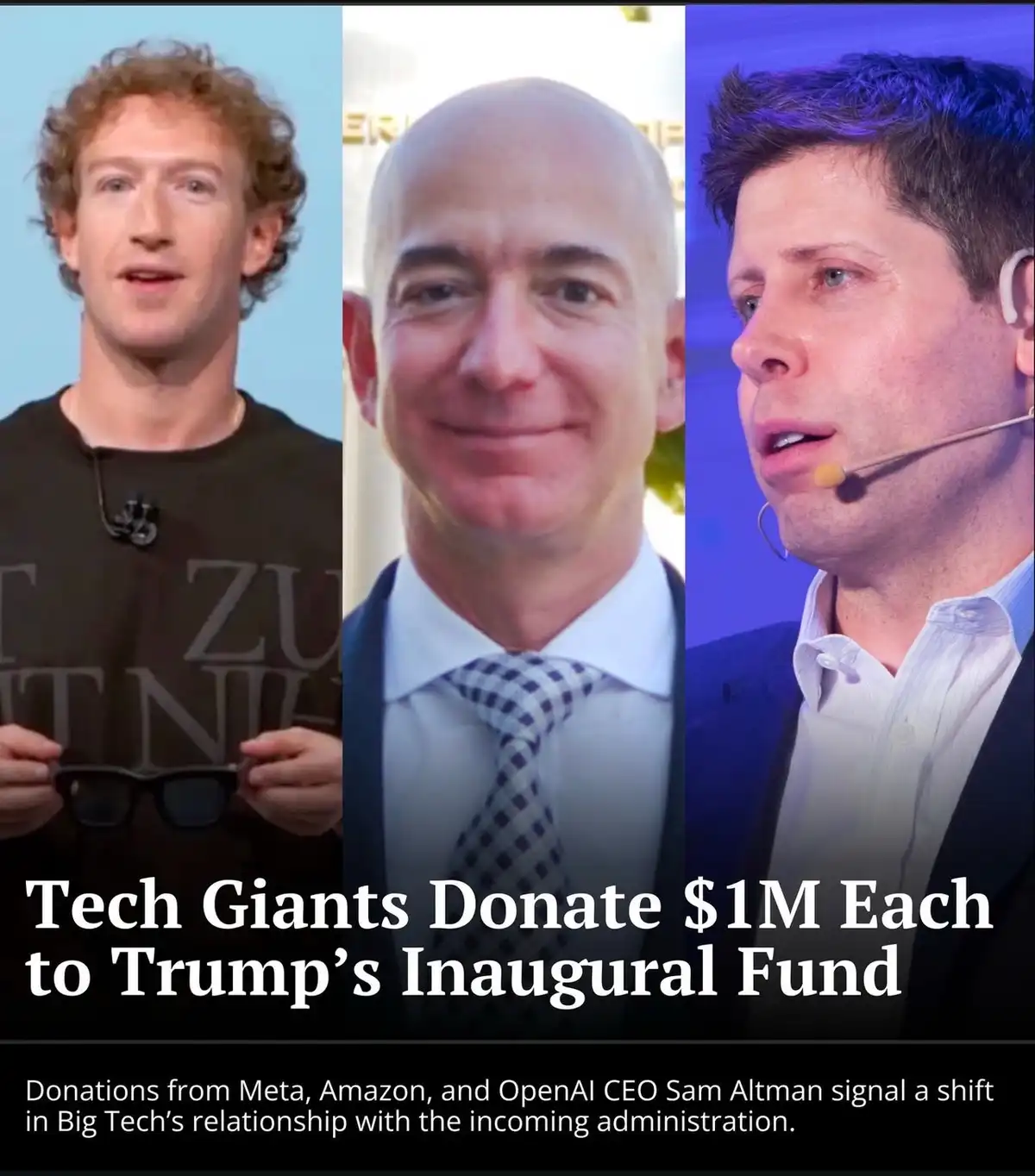 The image displays three men side-by-side: Mark Zuckerberg holding sunglasses, Jeff Bezos in a suit and tie, and Sam Altman…
