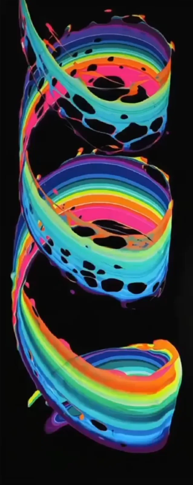 A vibrant, swirling spiral of rainbow-colored paint against a black background, with holes and drips in the paint. The…