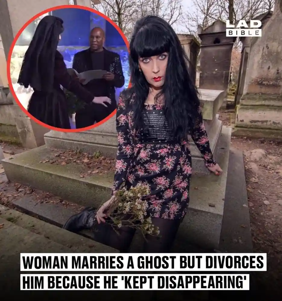 A woman in a floral dress sits on cemetery steps holding flowers, with a red-circled inset showing her in a black veil…