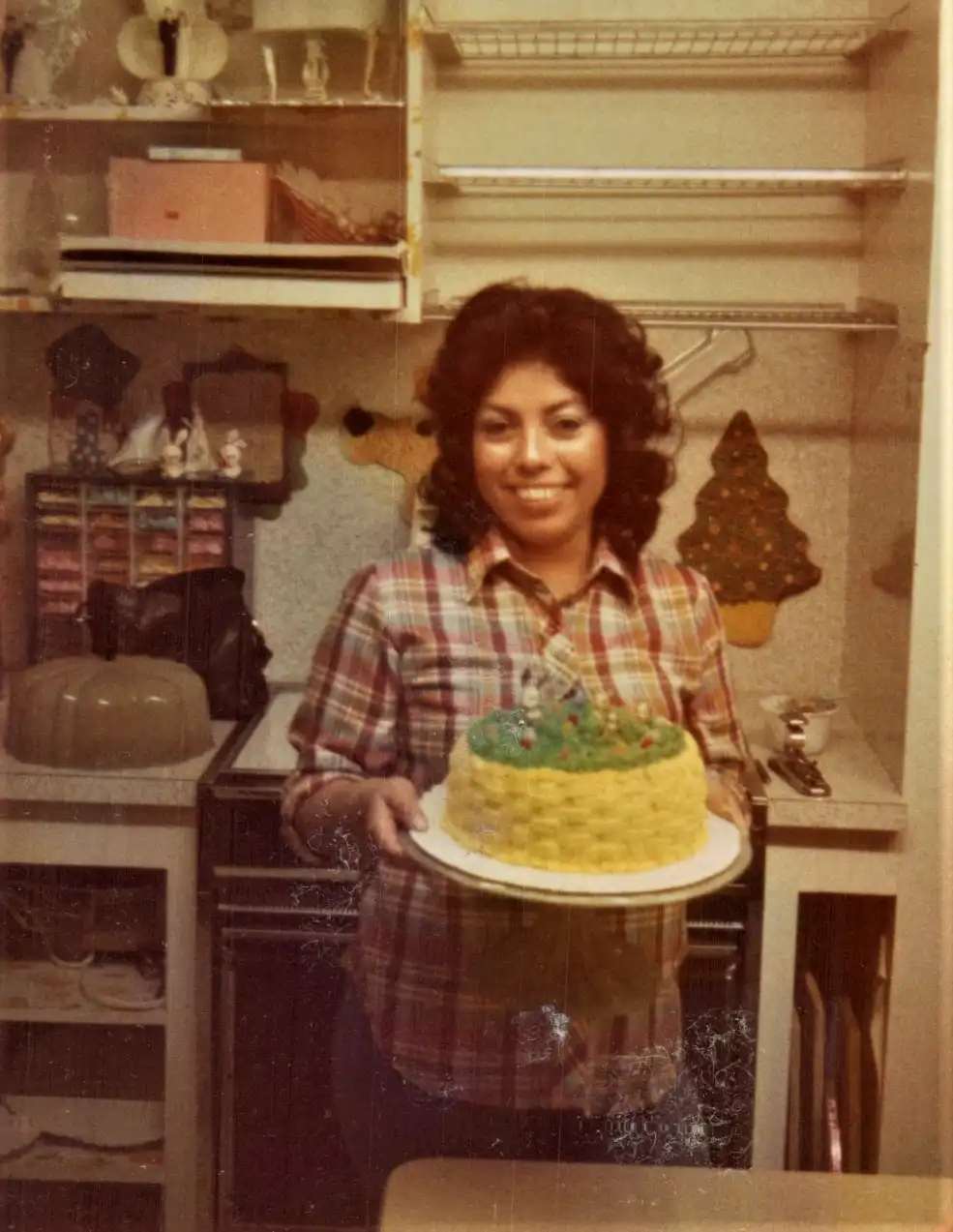 A woman in a plaid shirt stands in a vintage kitchen holding a yellow cake with green frosting and a small decoration on…