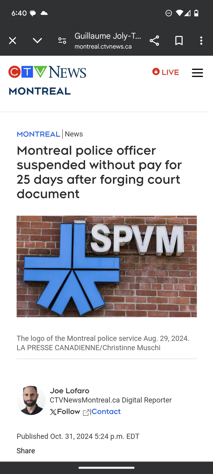 A screenshot of a CTV News Montreal article shows a photo of the SPVM (Société de police de Montréal) logo on a brick wall…