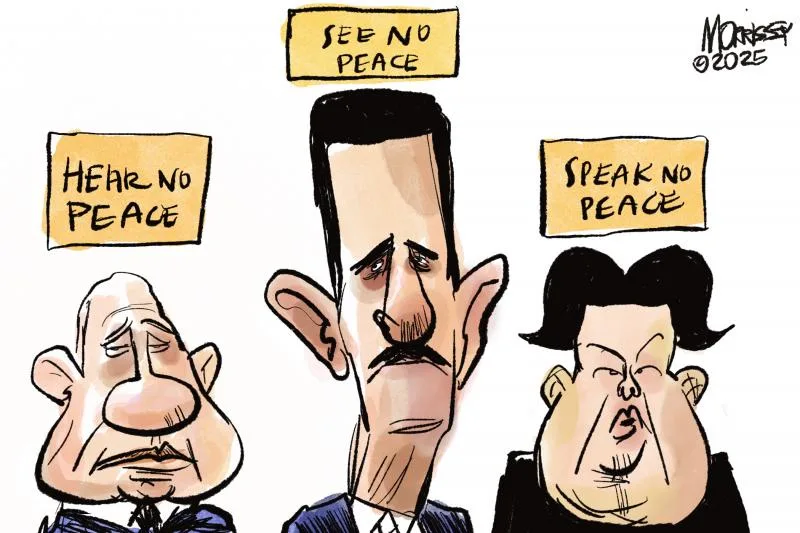 A political cartoon by Morrissey from 2025 shows three caricatured men with exaggerated features. The central figure has a…