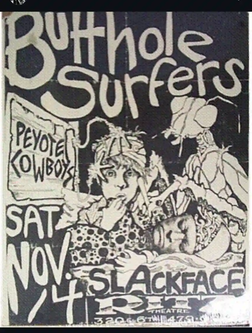 A vintage black-and-white concert poster for the band 'Buffhole Surfers' featuring psychedelic, chaotic artwork with a…