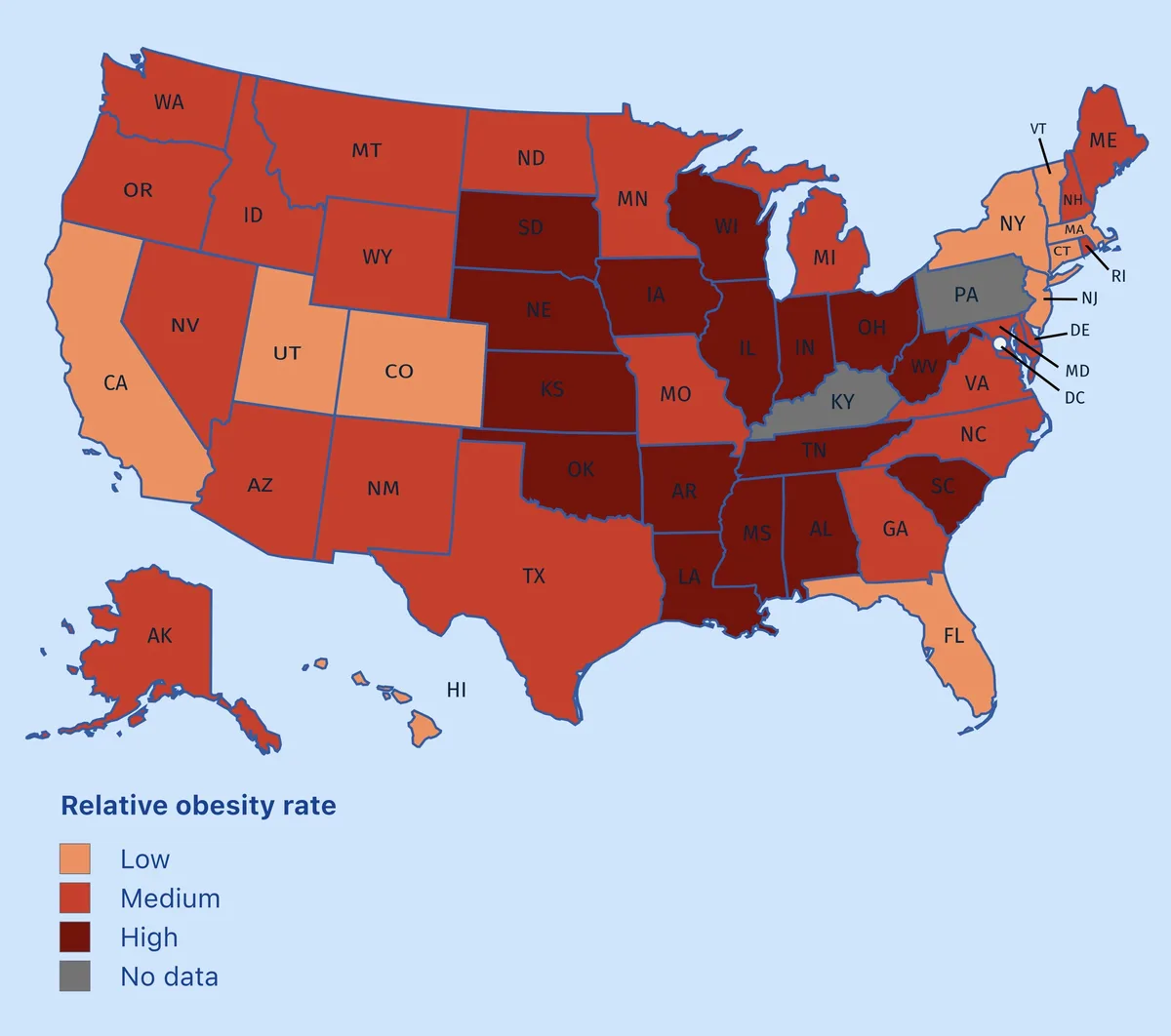 A color-coded map of the United States showing relative obesity rates, with states shaded in orange, red, or dark red to…