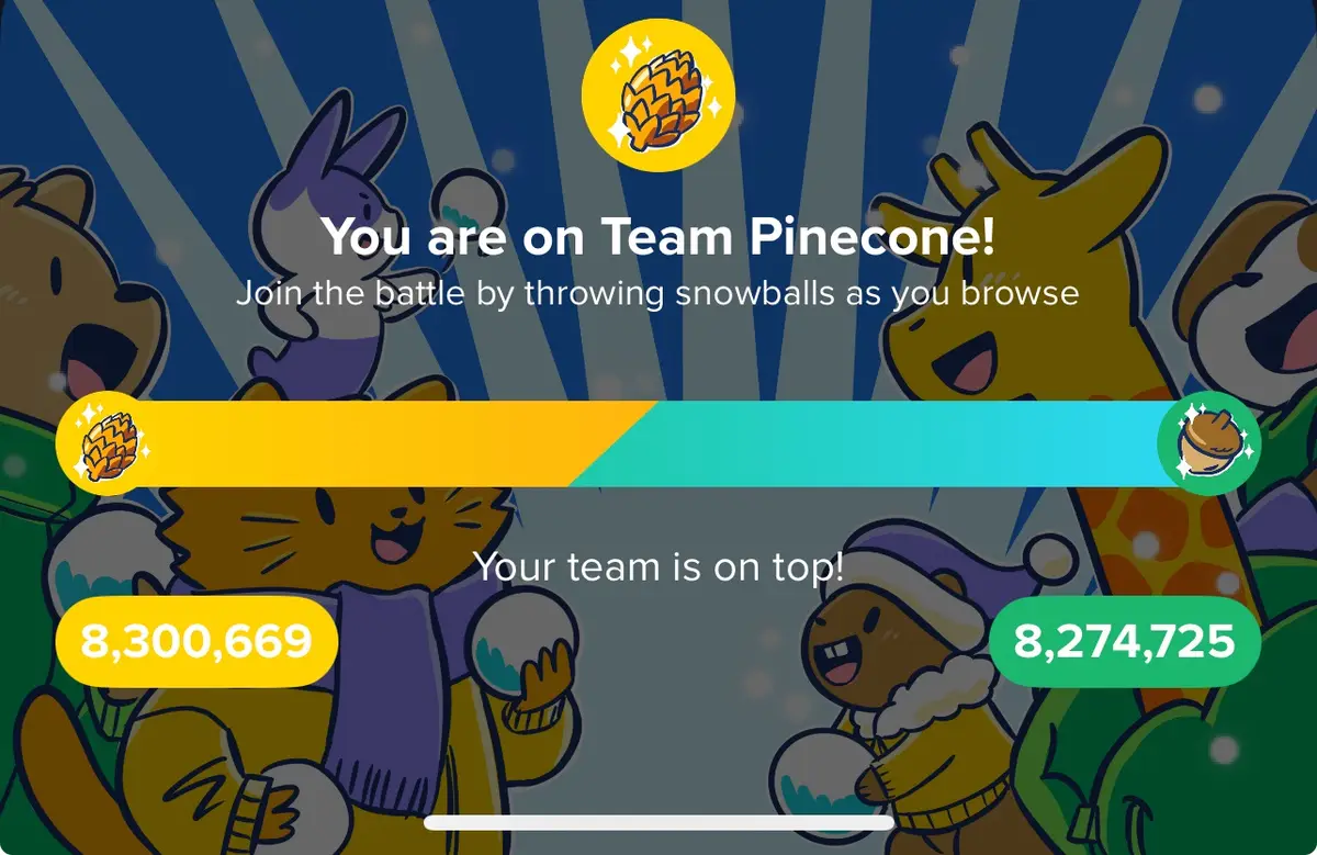A screenshot of a mobile game interface showing a snowy battle between two teams, Team Pinecone (yellow) and Team Acorn…