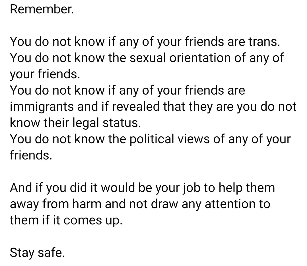 A plain white background with black text listing personal privacy reminders about friends' identities, including gender…