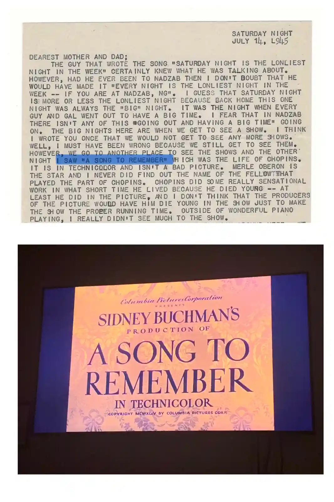 Discovering a 79-Year-Old WWII Letter Mentioning 'A Song to Remember' from 1945