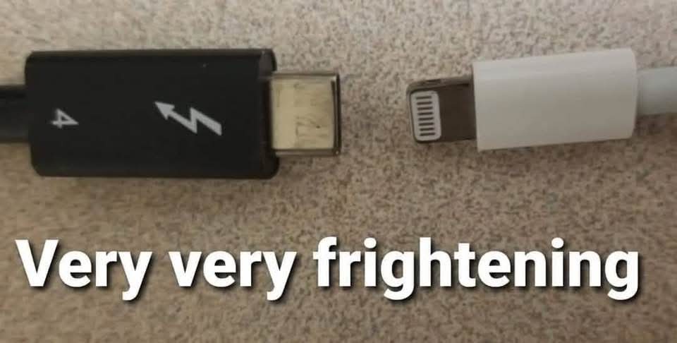 Two charging cables lie side by side on a textured surface: a black USB-C cable with a lightning bolt symbol and a white…