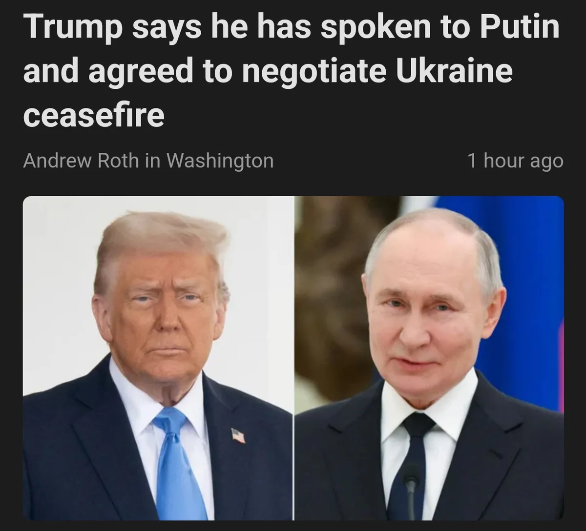 The image displays a split-screen with Donald Trump on the left and Vladimir Putin on the right, both in suits. Overlaid…