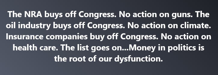 A dark gray background with white text listing examples of industries buying influence to prevent legislative action on key…