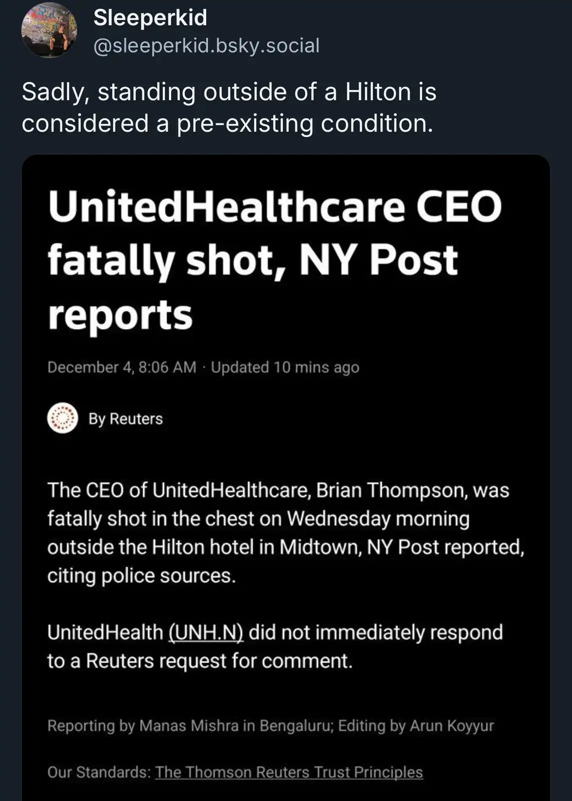 A screenshot of a Reuters news article about UnitedHealthcare CEO Brian Thompson being fatally shot outside a Hilton hotel…