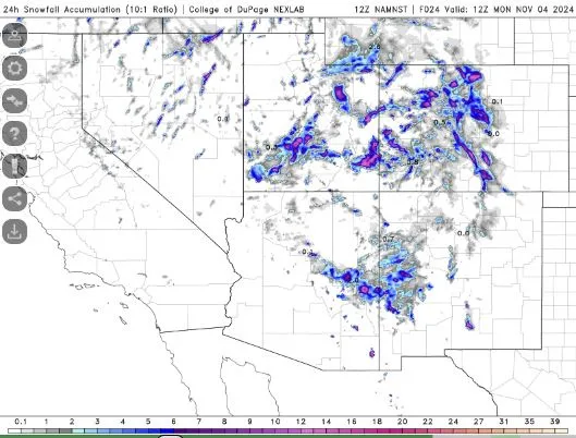 A weather map from the College of DuPage NEXLAB shows 24-hour snowfall accumulation across the western United States, with…