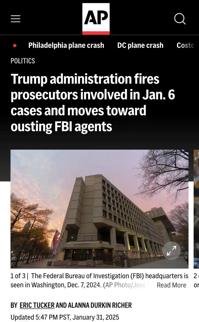 A screenshot of an Associated Press news article headline about the Trump administration firing prosecutors involved in Jan…