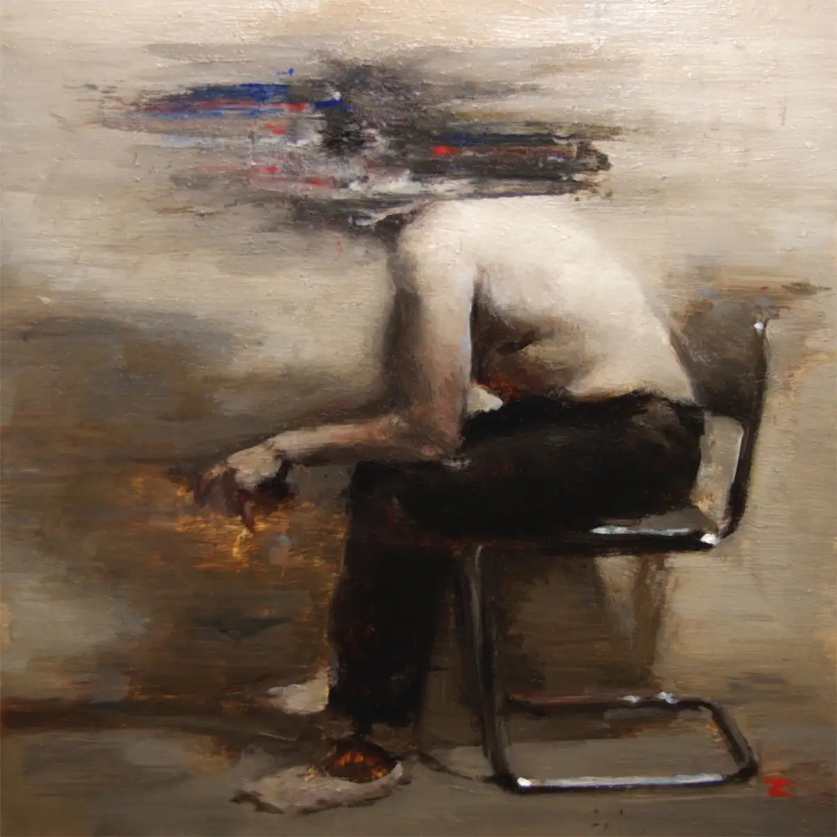 An oil painting depicts a shirtless person sitting on a chair with their back to the viewer, head bowed. The person's head…