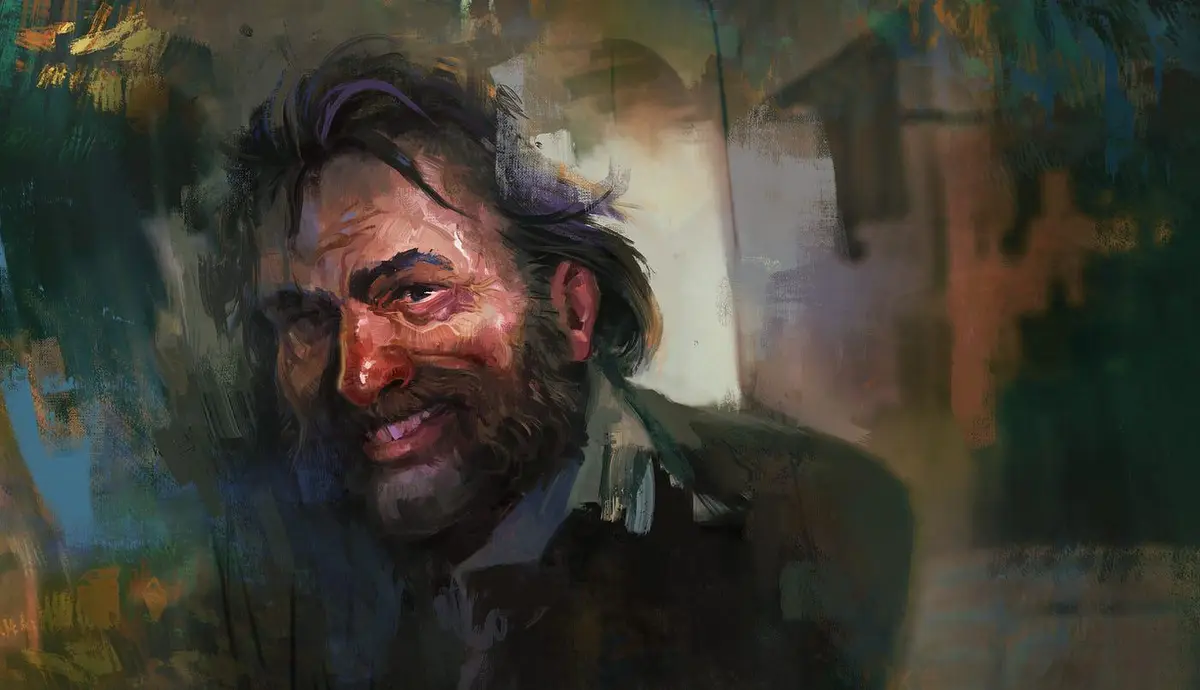 A painterly portrait of a man with dark hair and a beard, smiling warmly while looking slightly to his right. The background…