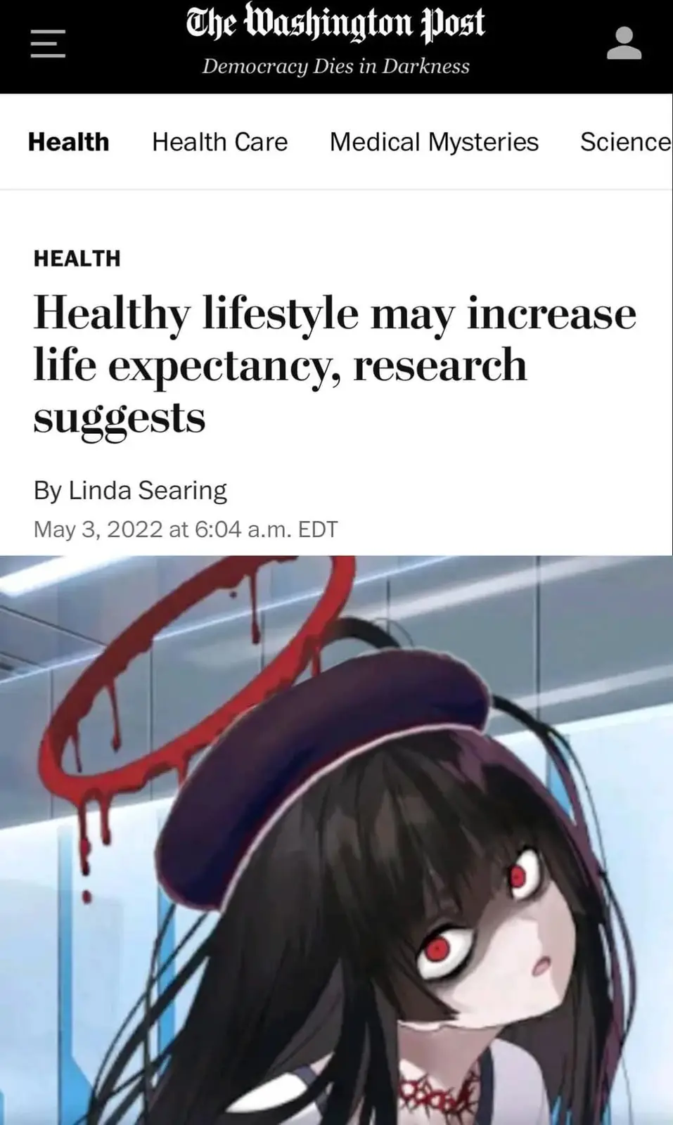 The image displays a screenshot of a Washington Post article titled 'Healthy lifestyle may increase life expectancy…