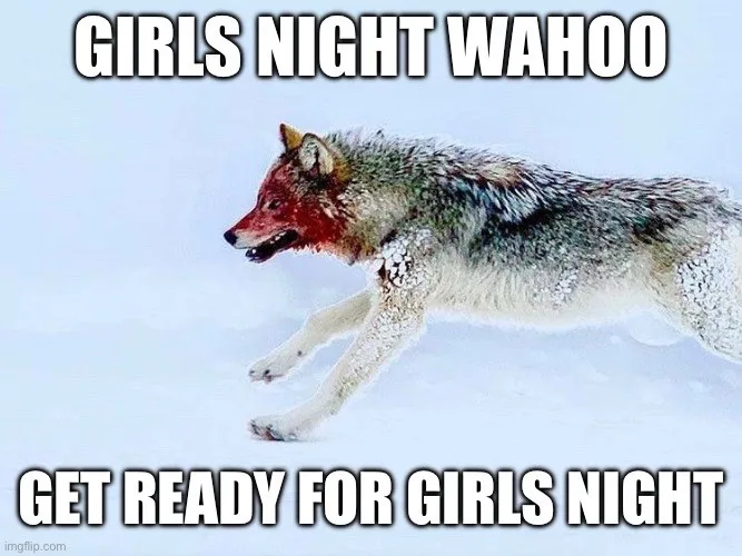 A wolf with blood on its face and body is running through a snowy landscape. The image has bold white text at the top…