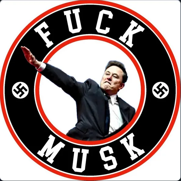 A circular image features Elon Musk in a black suit with his right arm raised in a Nazi salute. The circle has a black…