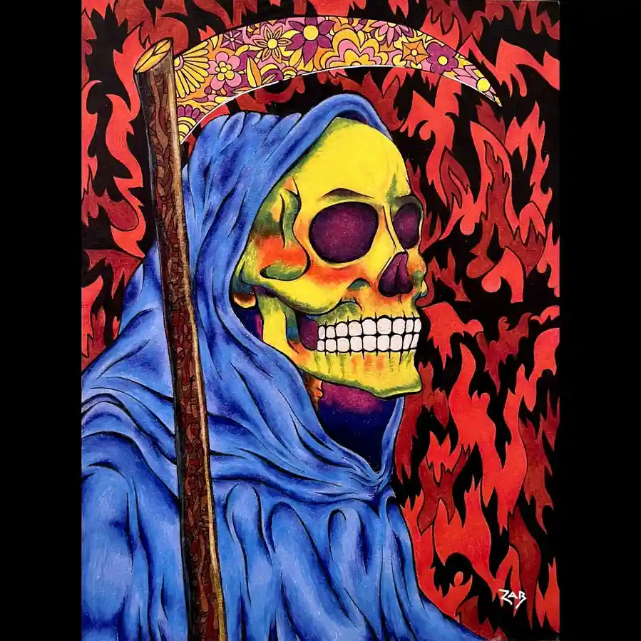 A colorful, psychedelic painting of the grim reaper with a yellow skull, blue hooded robe, and a scythe with a…